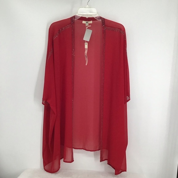 YA Los Angeles Rhinestone Silk Kimono Sheer Party Cocktail Red NWT Size M - Picture 1 of 7